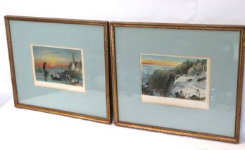 Two Antique Landscape Prints With Lovely Colors Of Sunset & Sky
