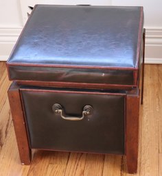 Leather And Wood Storage Ottoman With Metal Handles