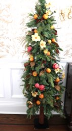 Large 6 Foot Decorative Fruit Pine Tree With Floral Accents On A Metal Base As Pictured