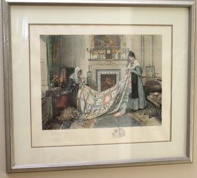 Antique Style Framed Print Featuring A Cozy Fireside Quilting Scene.