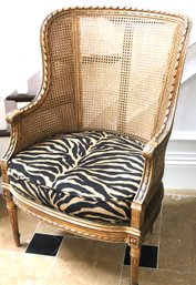 Pretty French Louis The XVI Style Gold Accent Chair With Custom Leopard Print Pillow & Double Cane Back Rest.
