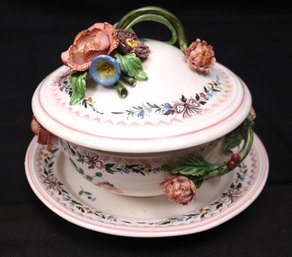 Made In Italy Z/408 Italy May For Bonwit Teller Covered Vegetable Dish With Floral Accents
