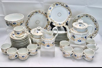 Antique Paris Porcelain Luncheon Set With Teapot With Blue Flowers