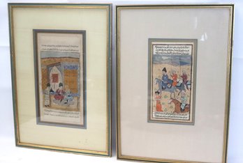 Pair Of Hand Painted Persian Miniature Paintings With Warriors On Horseback & Lovers In Garden.