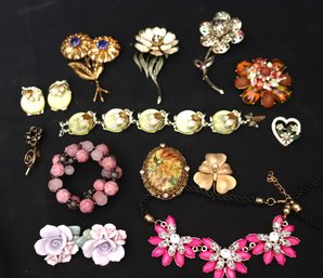 Fashion Jewelry Including Sara Cov Floral Pin, Earrings, Signed Floral Pin, And Bracelet