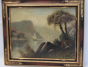 Diminutive Oil, Painting Of Boats On Lake With Mountain Side And Trees Signed Herren