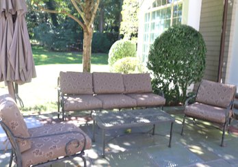 Quality Outdoor Cast Aluminum Patio Set Includes A Sofa, Table, Chairs, Ottoman And Cushions
