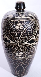 Tall, Chinese Song Dynasty Style Ceramic Pottery Vase With Brown Glaze And Floral Incised Pattern