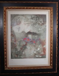 Listed Artist Hector Poleo Pencil Signed Romantic Abstract Print In Wide Wooden Frame.