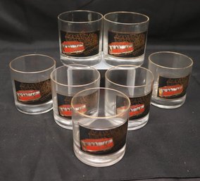 Set Of 7 Vintage Trolley Car Themed Rocks Glasses/barware With Gold Rim