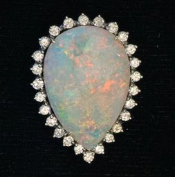 14K WG EXQUISITE FIRE GREEN / ORANGE PEAR SHAPED OPAL SLIDER PENDANT WITH 26 FULL CUT DIAMONDS