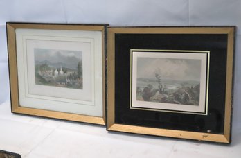 Pair Of Antique Hand-colored Prints With Village Of Catskill And Connecticut