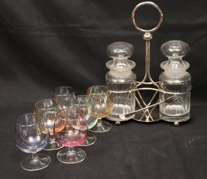 Vintage Cruet Set And 6 Glass Multi Colorful Aperitif Set