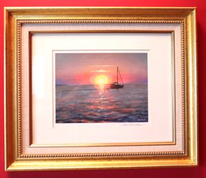 Alice Riordan Signed Sailboat At Sunset Print In Frame