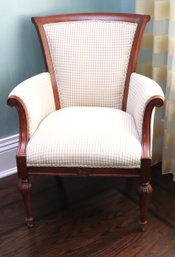 Custom Finished Accent Chair With Neutral Toned Gingham/striped Linen Fabric