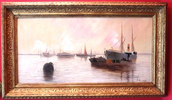 Vintage Maritime Painting By E. Knight Of Sailboats In The Harbor In A Wood Frame