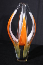 Swedish Midcentury Modern Orange And Clear Art Glass Sculptural Vase.