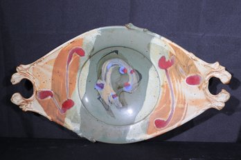 Large Handmade Ceramic Pottery Centerpiece With Earth Tone Abstract Design.