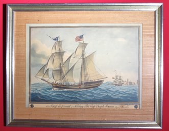 Vintage 1970 Sail Ship Print Brig Experiment Of Newbury Port Cap Joseph Brown In A Linen Matted Frame