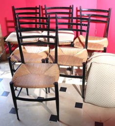 Set Of 6 Vintage 1950s MCM Italian Made Dining Chairs W Ladderback And Woven Rush Seating In The Style Of Gio