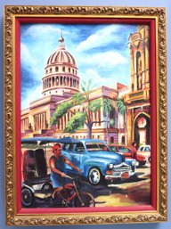 Painting Of Havana Capital Building With Antique Cars In Gold Frame
