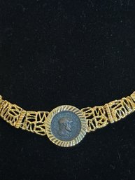 HEAVY 18K YG 16 INCH UNIQUE BYZANTINE STYLE OPEN LINK NECKLACE WITH OLD WORLD COIN CENTERPIECE