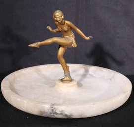 Original Art Deco Gilded Spelter Dancer Figurine On Alabaster Centerpiece.