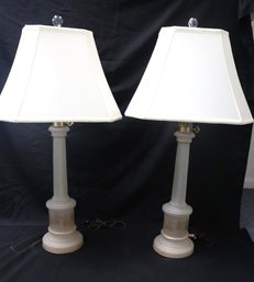 Pair Frosted Glass, Neoclassical Column Lamps With Gold Border Of  Dancers.