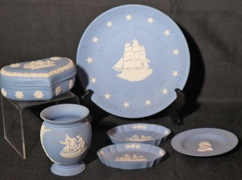 Vintage Blue Wedgwood Collection Includes America's Heritage Plate, Trinket Box, Peanut Dishes And Small V