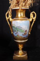 Antique Paris Porcelain Gilded Urn With Hand Painted Panel Of Castle, Lake And Boats.