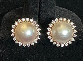 14K YG ELEGANT PAIR OF MOBE PEARL AND DIAMOND EARRINGS