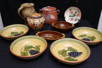 Assortment Of Painted Pottery Items With Pitcher, Bowls And Lidded Jar.