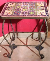 Vintage Wrought Iron Spanish Revival Style Mosaic Accent Table With Bright Floral Pattern
