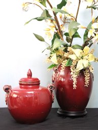 Matching Set Includes A Burgundy Toned Vase With Decorative Flowers & Urn With Lid