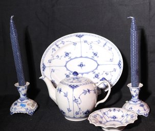 Vintage Royal Copenhagen Blue And White Lace Collection Includes Candlesticks, Teapot And Tray And Small Snack