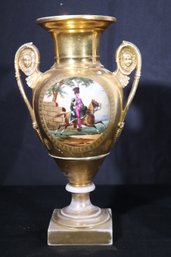 Antique Paris Porcelain Gilded Urn With Hand Painted Scene Of Napoleonic Soldier On Horseback, And Floralbouqu