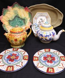 Large Lot Of Kitchen Dcor, With Two Vintage Ceramic Teapots And Hand Painted Decorative Plates And Trivets.