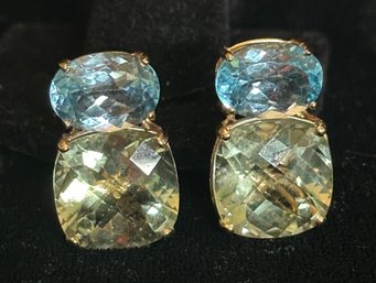 14K YG STUNNING PAIR OF GREEN AMETHYST AND BLUE TOPAZ EARRINGS