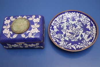 Antique China Cloisonne Box With Jade Insert &  Decorative Plate Box Has Green Enamel Interior