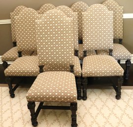 Set Of 8 Custom Carved Oak Wood Dining Chairs With Custom Textured Stitched Linen Fabric And Nail Head Accent