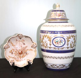 Large Hand Painted French Le Tellac Urn With Lid & Pretty Hand Painted Asian Style Candy Dish