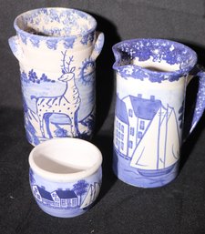 Vintage Blue And White Pottery Collection Includes A Pitcher, Utensil Canister And Small Pottery Bowl