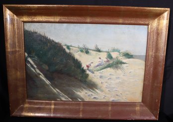 Vintage Oil Painting On Canvas Of Mother And Child On Sand Dunes Complemented By A Wide Gilded Frame.