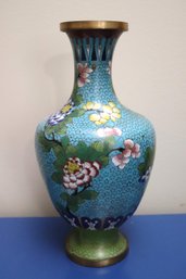 Vintage Cloisonn Vase With Blue Background & Colorful Flowers