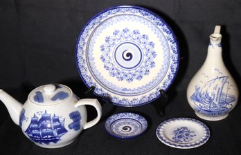 Vintage Blue And White Pottery Collection Includes A Kettle, Pitcher And Plates