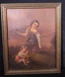 Lovely 19 Th Century Painting On Metal/ Tin Of Two Young Girls With Flowers And Butterfly