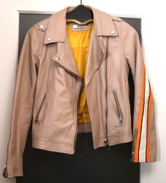 Womens Beige Tenax Leather Moto Jacket With Orange, Black And White Stripes On Sleeve. And Back. -Made In Ita