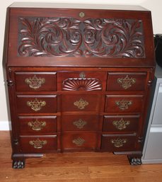 Mahogany Chippendale Style Drop Front Secretary Desk With Carved Design