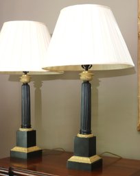 Pair Of Stylish Table Lamps With Ornate Details On The Bronze Casting With Pleated Silk Shades