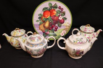 Collection Of Four Vintage Teapots With Floral Designs And Beautifully Hand Painted Plate By Villa DEste, Ita